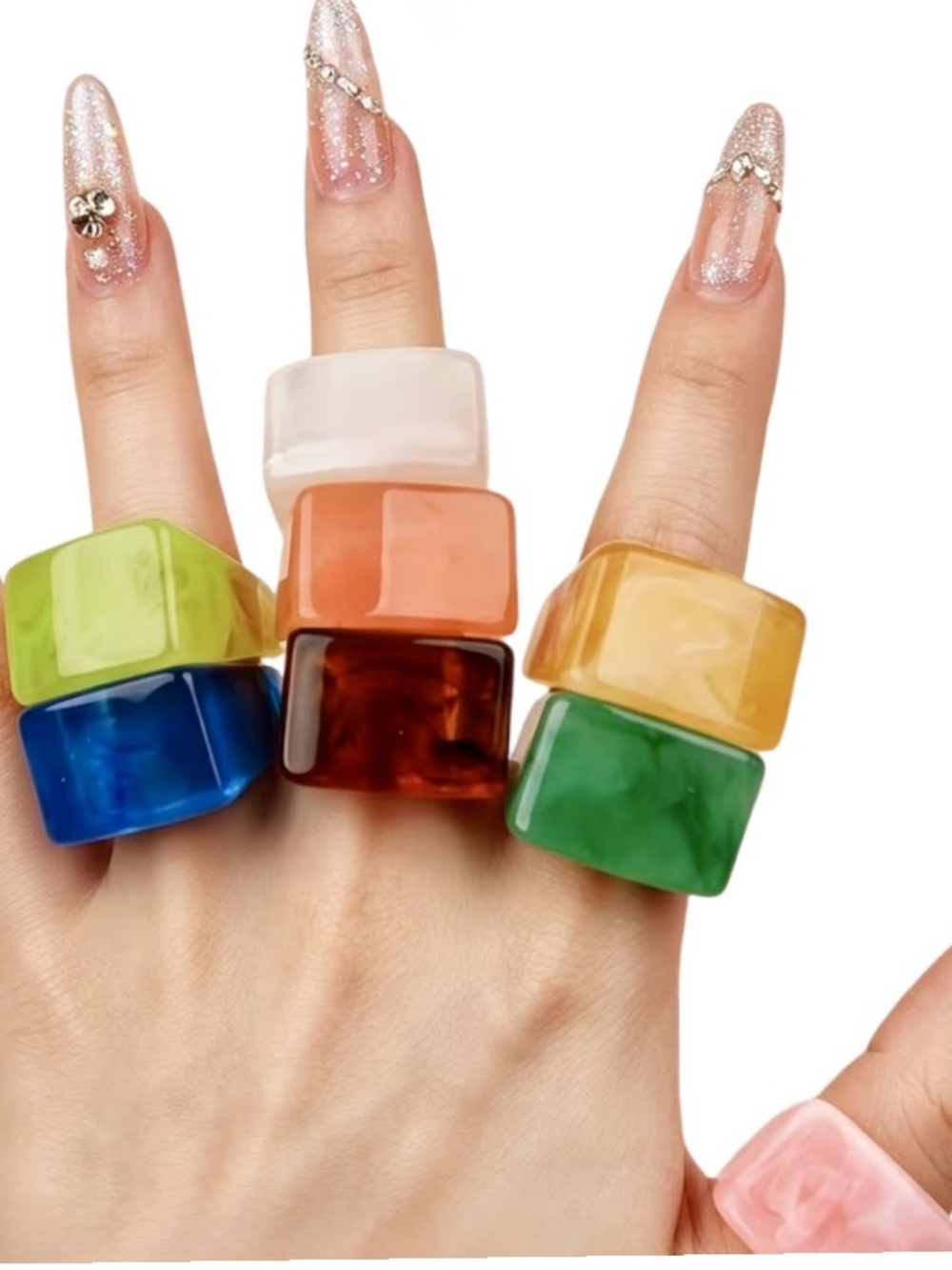Y2K Pop-Art Geometric Marbled Statement Ring Set 8-Piece Colorful Acrylic NWOT